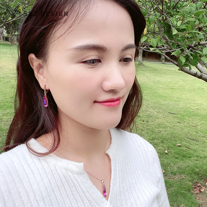 S&Z DESIGN New Fashion Water Drop Crystal Jewelry Sets For Women 585 Rose Gold Color Dangle Earrings Pendant Necklace
