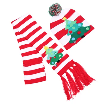 

Christmas Hat and Scarf, Novelty LED Light Up Cute Print Beanie Cap + Knit Scarf for Adults and Kids