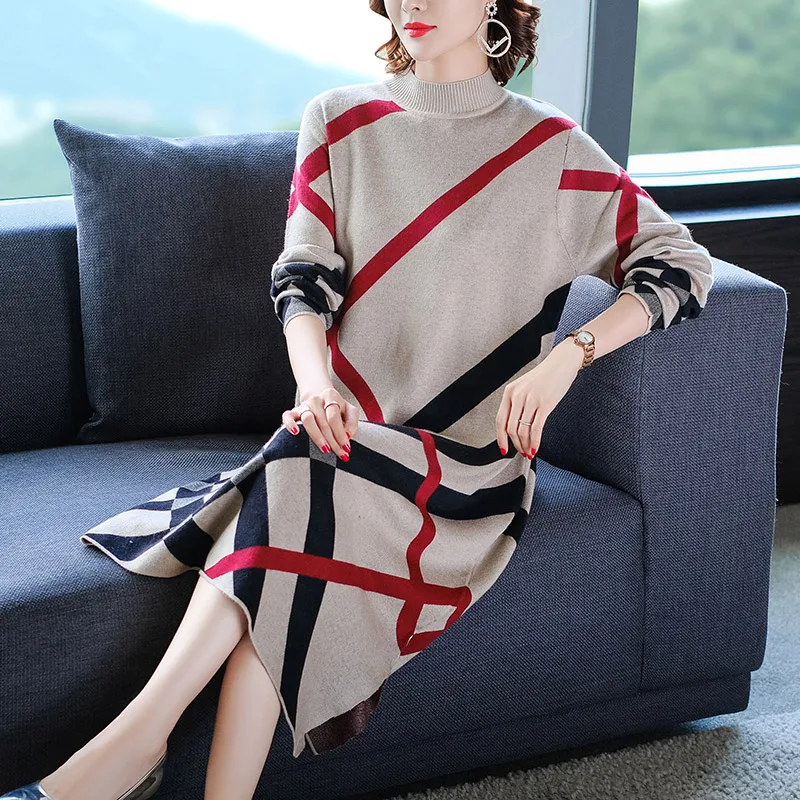 Винтажное клетчатое и Полосатое вязаное платье с длинным рукавом, свободное женское осеннее платье миди, офисное элегантное платье-свитер для женщин