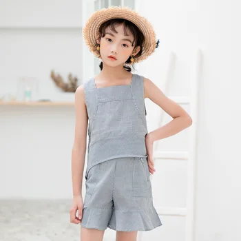 

4 To 14 Years Kids and Teen Girls Stripe Clothes Set Sleeveless Shirt and Short Pant Set Baby Girls Summer Two Piece Set