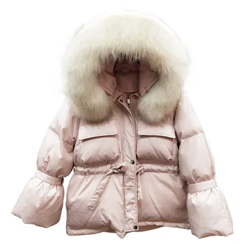 

Raccoon Fur Hooded Winter Jacket Women's 90% White Duck Down Coat Thick Warm Parker Belt Tied Up Short Snow Coat 2020 Women