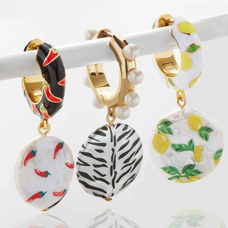 

Cute Pearl Shell Chili Zebra Lemon Fruit Printed Dangle Earring for Women Elegant Copper Enamel Statement Huggie Earring