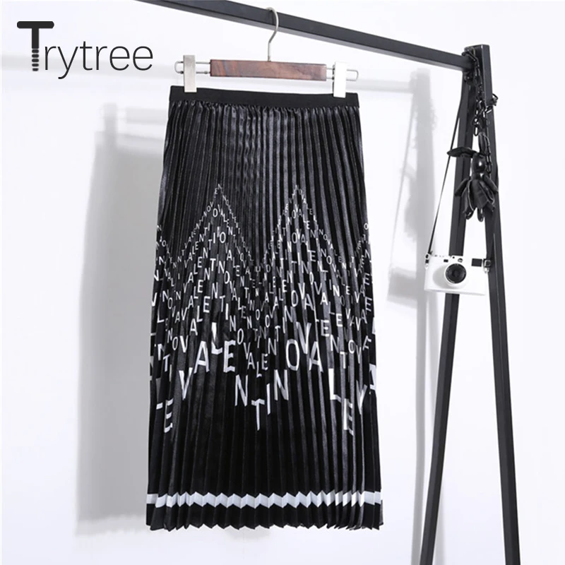 Trytree/осенне-зимняя женская повседневная юбка с принтом в виде букв, 4 цвета, плиссированная юбка трапециевидной формы, модная эластичная юбка до середины икры для офиса