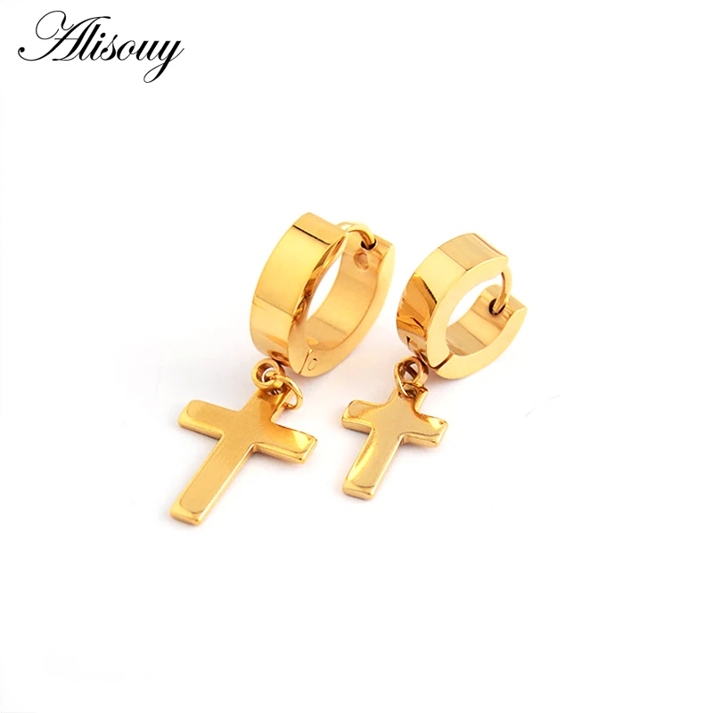 Drop Earrings Alisouy 2pcs Women Men's Stainless Steel Dropping Earrings Black/Silver Color Cross Gothic Punk Rock Style Pendientes Mujer Moda