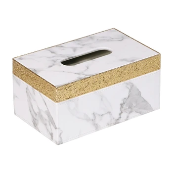 

PU Marble Golden Rim Tissue Box Desktop Paper Towel Holder Napkin Storage Container for Home Office