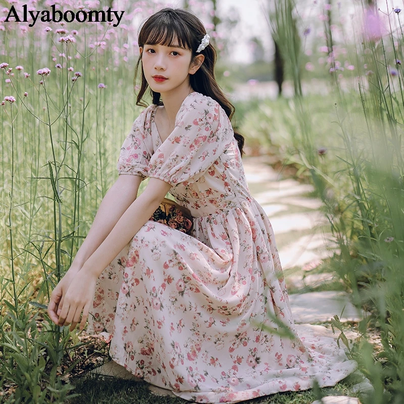 Женское летнее Цветочное платье Mori Girl с круглым вырезом и высокой талией женские