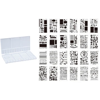 

1 Pcs Art Paint Tray Artist Oil Watercolor Plastic Palette & 1 Set DIY Lace Ruler Children Painting Template