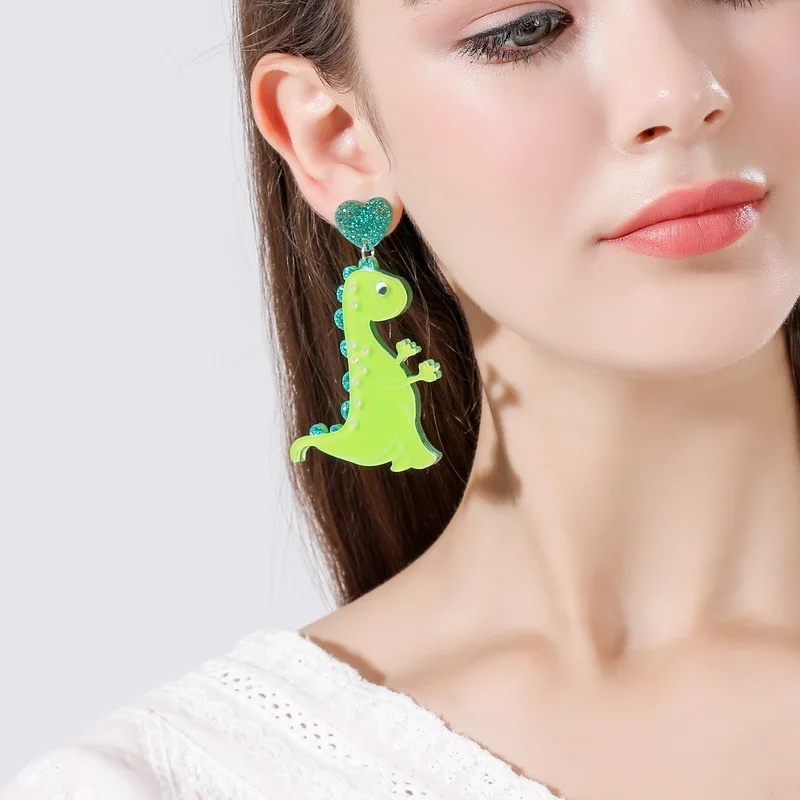 

Cute Animals Glitter Powder Acrylic Drop Earrings Punk Party Heart Green Dinosaur Dangle Earrings for Women Girl Funny Jewelry