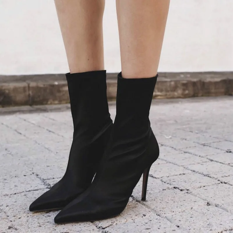 

Women Black Lycra Stretch Boots 2020 Spring Fashion High Heels Ultra Thin Stiletto Sexy Slim Pointed Toe Shoes Woman P391