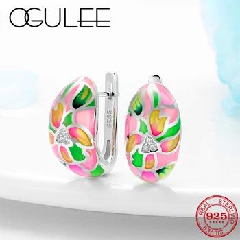 

Women Bohemia Style Pink Flower Enamel Earrings Jewelry 925 Silver Romantic Fine Drop Earrings Party Engagement Wedding Gifts