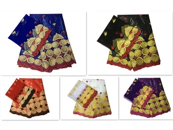 

Red African Bazin Lace Brode Getzner Gold Thread Embroidered Nigerian Dresses For Women Net Voile 5 Yards KRL-9688