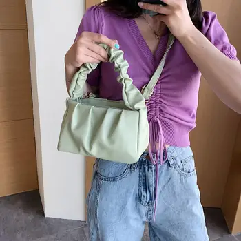 

Retro Women Candy Color Shoulder Messenger Bags PU Leather Female Pleated Ruffle Solid Color Totes Horizontal Square Handbag