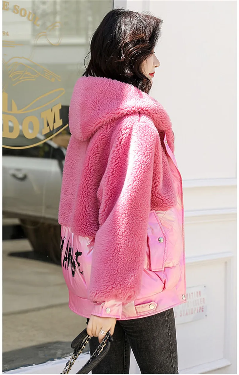 Winter Short Down Cotton Clothing Female New Korean Version The Pattern Lamb Fur One Outerwear Hooded Loose Warm Jacket 540