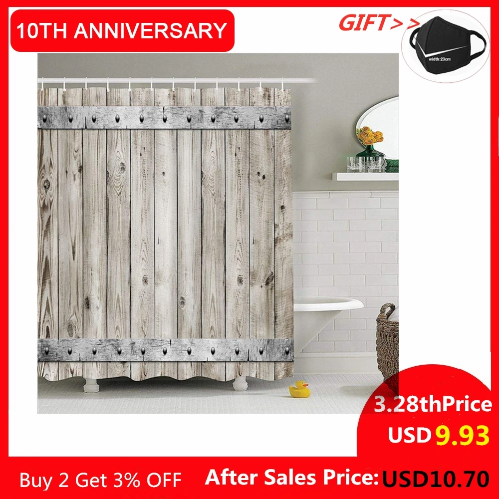 Hout Douchegordijn 200X200 Mat Vintage Decoratieve Waterdicht Polyester
