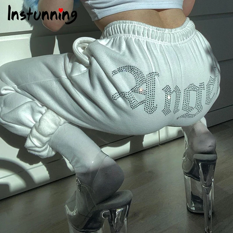 

Instunning Sweatpants Women White Cotton Casual Pant Hip Print Hight Waist Cargo Pants Jogging Solid Trousers Slim Autumn 2020