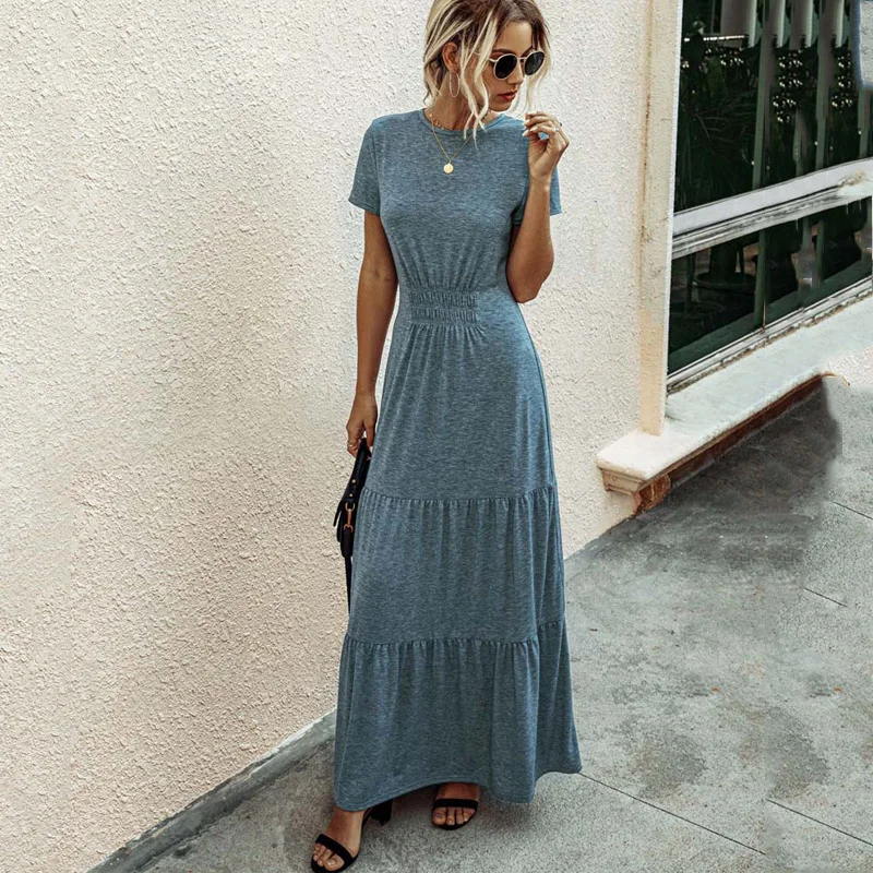 2021 Long Summer Party Dress Women Pleated Elegant Maxi Dress Sundress Women Floor Length Short Sleeve Casual Robe Femme