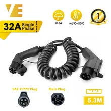 EVSE J1772 EV зарядный спиральный кабель для станций, электрическое автомобильное спиральное зарядное устройство типа 1 To Type 2 32A 7KW 5m Blue KIA Soul EVSE J1772 EV зарядный спиральный кабель для станций, электрическое автомобильное спиральное зарядное устройство типа 1 To Type 2 32A 7KW 5m Blue KIA Soul