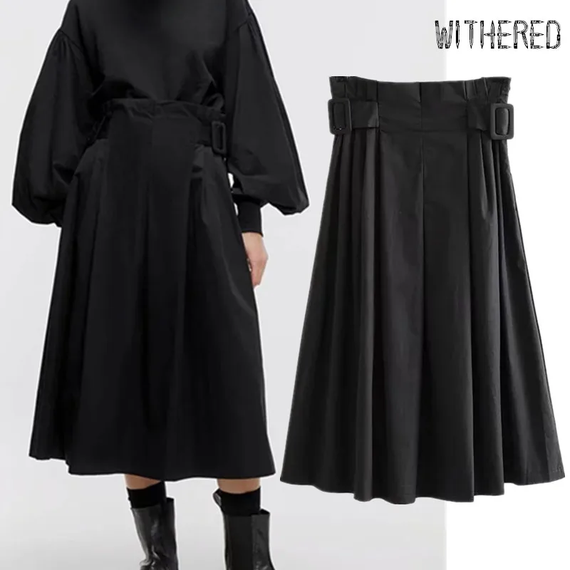 Увядшая английская элегантная винтажная Поплиновая свободная черная юбка миди для женщин с высокой талией и поясом faldas mujer moda длинные юбки для женщин