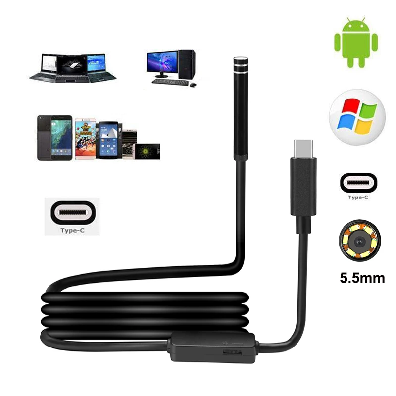 USB эндоскоп Android камера 5 мм объектив Змеиный кабель трубка тип c для телефона