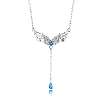 

Authentic 925 Sterling Silver Blue&White CZ Angel Wings Pendant Necklaces DIY Women fine Jewelry for gift free shipping