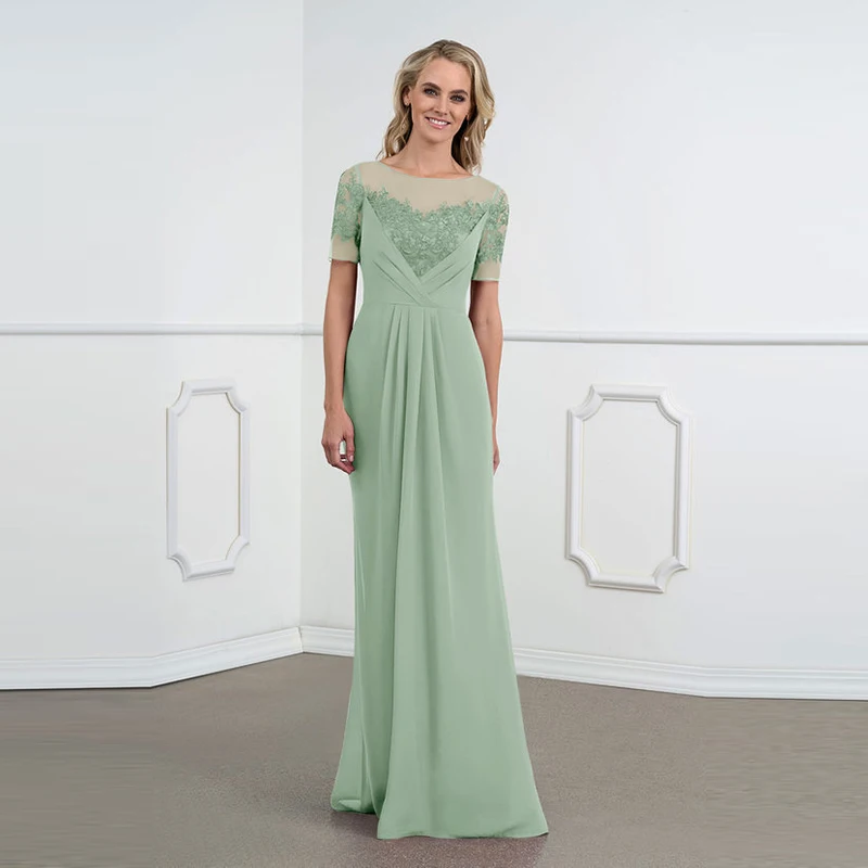 

Hot Sale Graceful Agave Full Length Chiffon Mother of the Bride Dresses Short Sleeves Bateau Neck Wedding Guest Gowns Appliqued