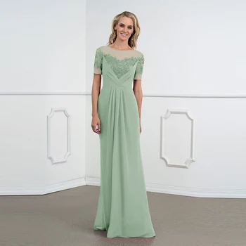 

Hot Sale Graceful Agave Full Length Chiffon Mother of the Bride Dresses Short Sleeves Bateau Neck Wedding Guest Gowns Appliqued