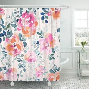 

Orange Floral Pink Watercolor Flower Green Pattern Paint Pretty Shower Curtains Waterproof Polyester Fabric 72 x 78 inches Set