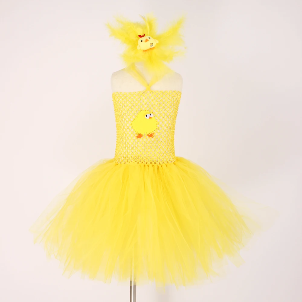 Yellow Chicken Girls Tutu Dress Kids Farm Animal Party Halloween Costume Feather Boas Children Cake Smash Photo Tulle Dress (10)