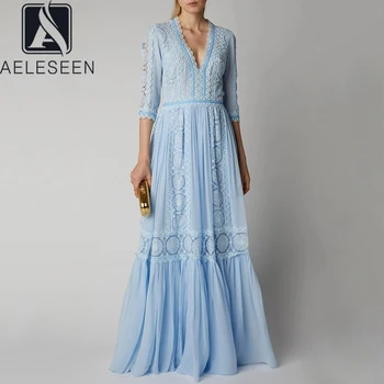 

AELESEEN 2020 Spring New Vintage Design Runway Blue Party Dresses Women Sexy V-Neck Transparent Sleeve Luxury Lace Long Dress