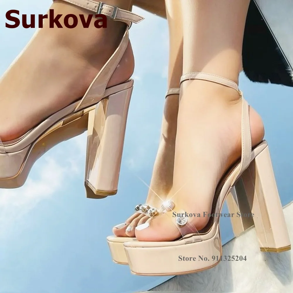 

Surkova Nude Patent Leather Chunky Heel Platform Sandals Bling Bling Crystal Wedding Shoes Clear PVC Dress Pumps Buckle Strap