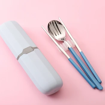 

3pcs/ Set Dinnerware Portable Stainless Steel Spoon fork chopsticks Set Travel Cutlery Tableware with box case For Kids School