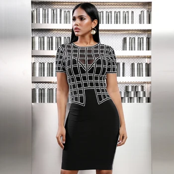 

Celebrity Evening Party Black Hollow Out Plaid Lace Elegant Bandage Dress Women Summer New Short Sleeve Vestidos Dropshipping