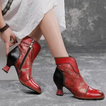 

Winter Women Boots 2020 Large Size Red Ladies Shoes Genuine Leather Round Toe Zip Sewing Handmade Leisure Ankle Platform Boots