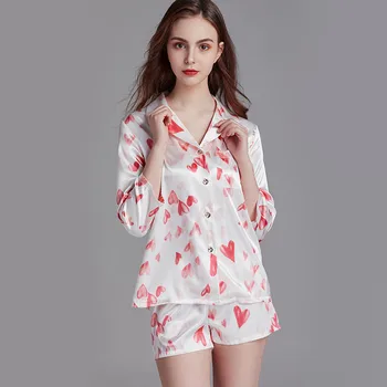 

Women's Pajamas Spring Summer Faxu Silk Thin Lovely Half-Sleeve Shirt Shorts Suit Loose Leisure Tops Sleepwear