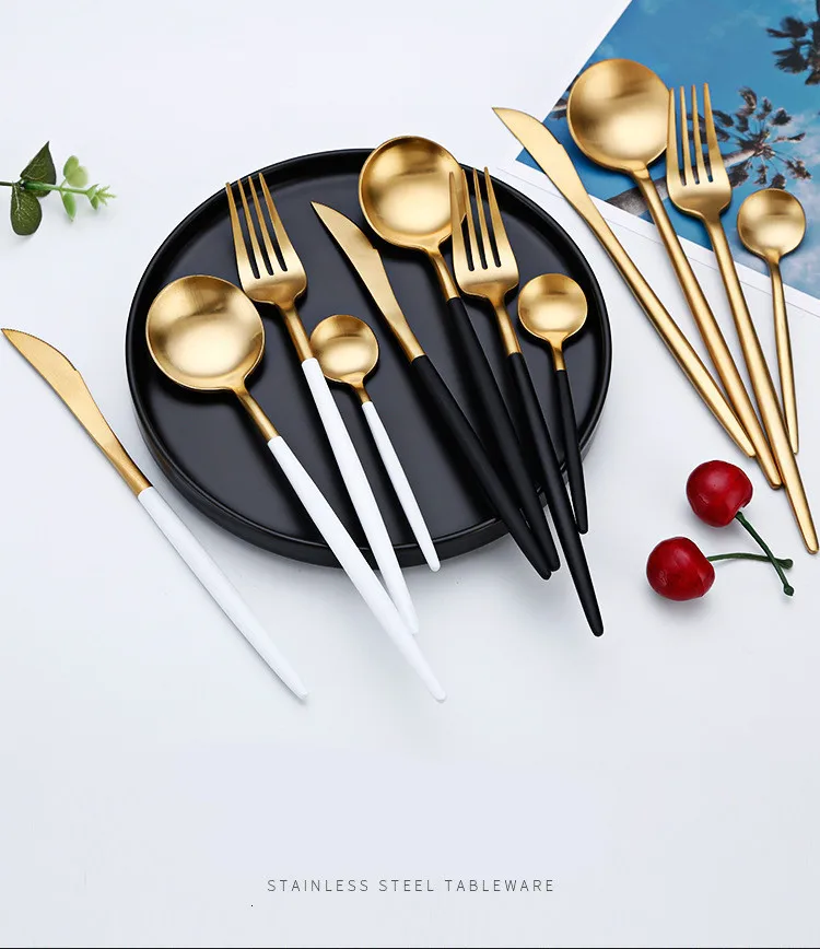 C- 4Pcs/set Hot Sale Dinner Cutlery Set Stainless Steel Dinnerware Knives Forks Spoons Wedding Silverware Home Party Kitchen