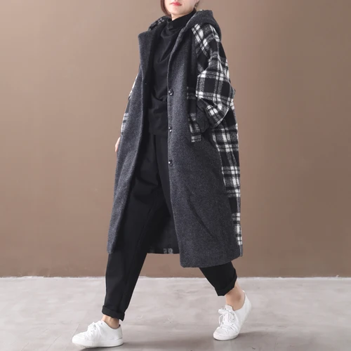 SuperAen Зима Новинка корейский стиль женское Шерстяное Пальто свободного кроя большого размера клетчатое шерстяное пальто с капюшоном женские дикие Модные пальто - Цвет: 2