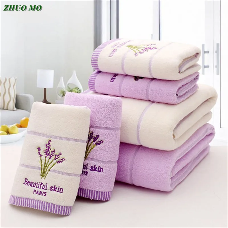 

ZHUO MO Purple Lavender Embroidered Towels High Quality Cotton Large Bath Towel Soft Absorbent Beach Face Towel Set for Women