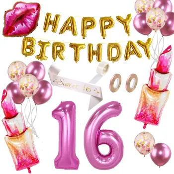 

16th Birthday Party Decoration Happy Birthday 40 inch Balloon 16 Lipstick lips foil balloon Sweet 16 Birthday Sash for Girls