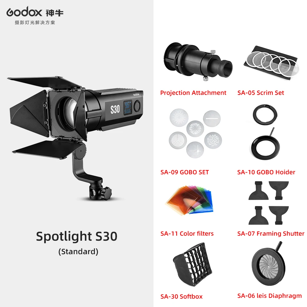 Godox S30 30 Вт фокусирующий СВЕТОДИОДНЫЙ фотографии; непрерывный Регулируемый светильник Точечный светильник с дверцей сарая для профессиональной фотографии