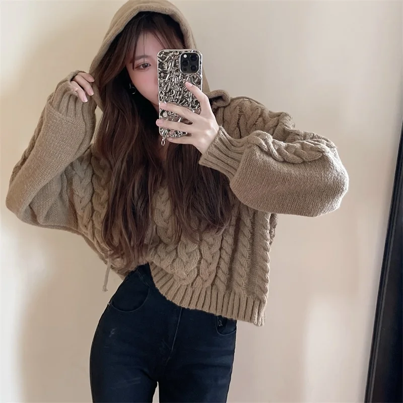 

2021 Autumn Thick Twist Coat Solid Jumpers Puff Long Sleeve Hooded Knitted Sweaters Pull Femme Fresh Preppy Khaki