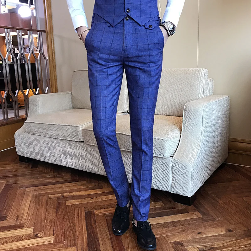 2019 autumn new men's suit pants men's slim plaid slim suit trousers men's fashion cotton plaid  business casual suit trousers