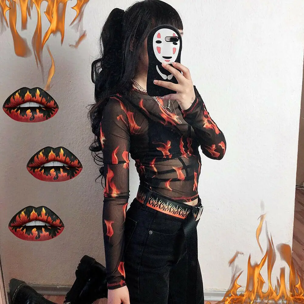 

Sexy Women Casual Gothic Hip Hop Long Sleeve See-through Transparent Mesh Fire Flame Print T-Shirt O-Neck Tops Slim Tops