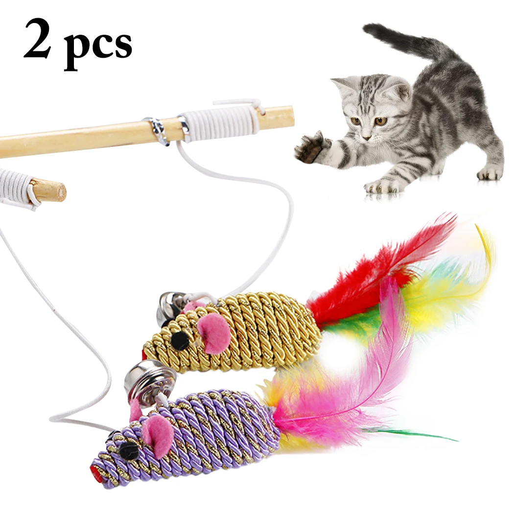 

2pcs Cat Toys Cute Funny Faux Feather Fake Mouse Cat Teaser Wand Wooden Pet Toys for Cats Interactive Stick Cat Supplies