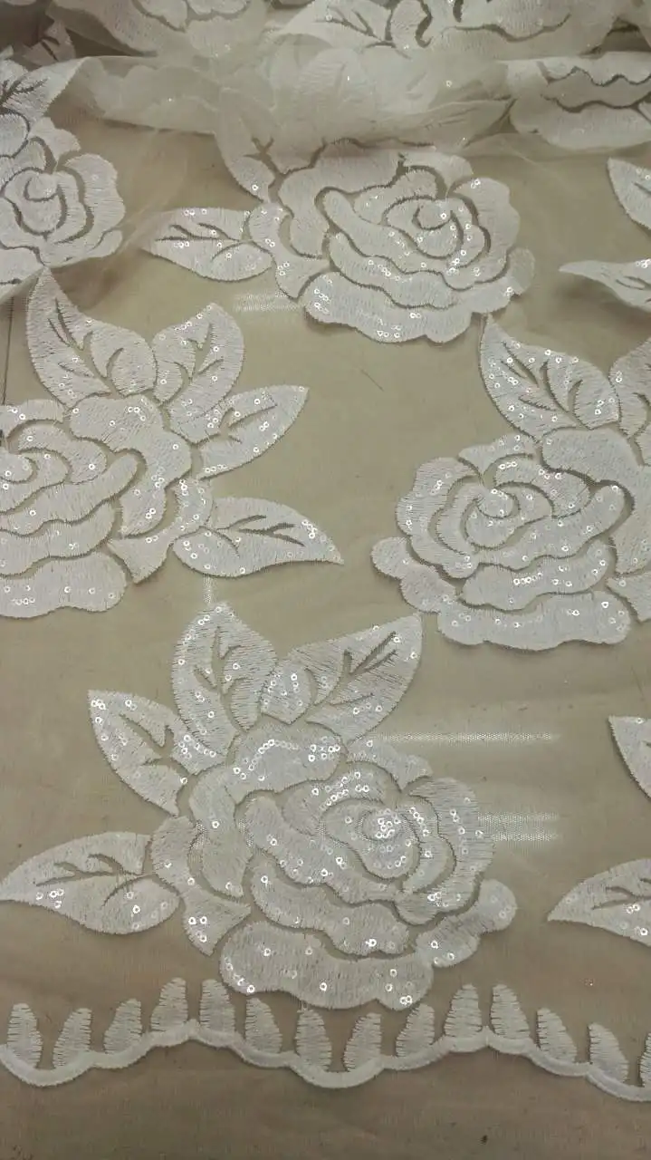 

French Net Lace Fabric Latest african guipure lace fabric with embroidery mesh tulle water white cord Sequins lace fabric M10187