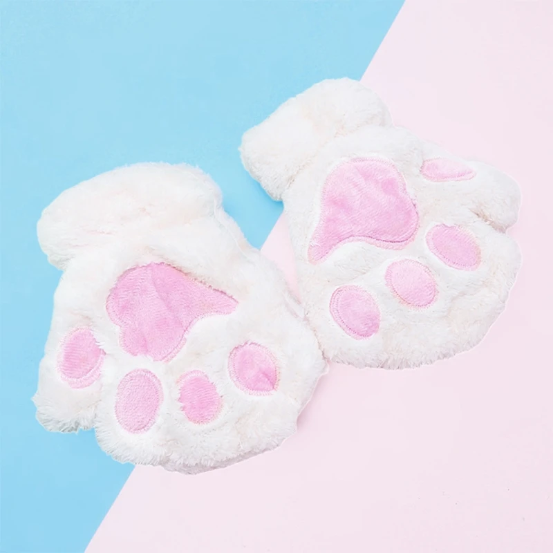 

Women Adult Winter Warm Half Finger Gloves Cute Cartoon Cat Paw Embroidery Anime Kitten Thicken Fuzzy Plush Fingerless Mittens