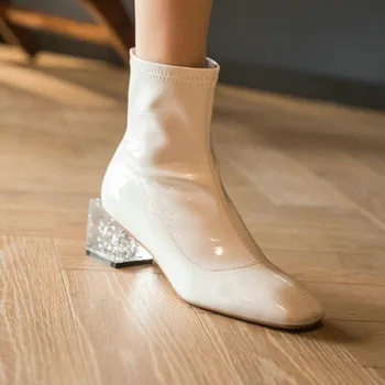 

Quality Cow Patent Leather Women Ankle Boots Zipper crystal High Heels Winter Warm Party Shoes Woman Short Boots size 41 42 43