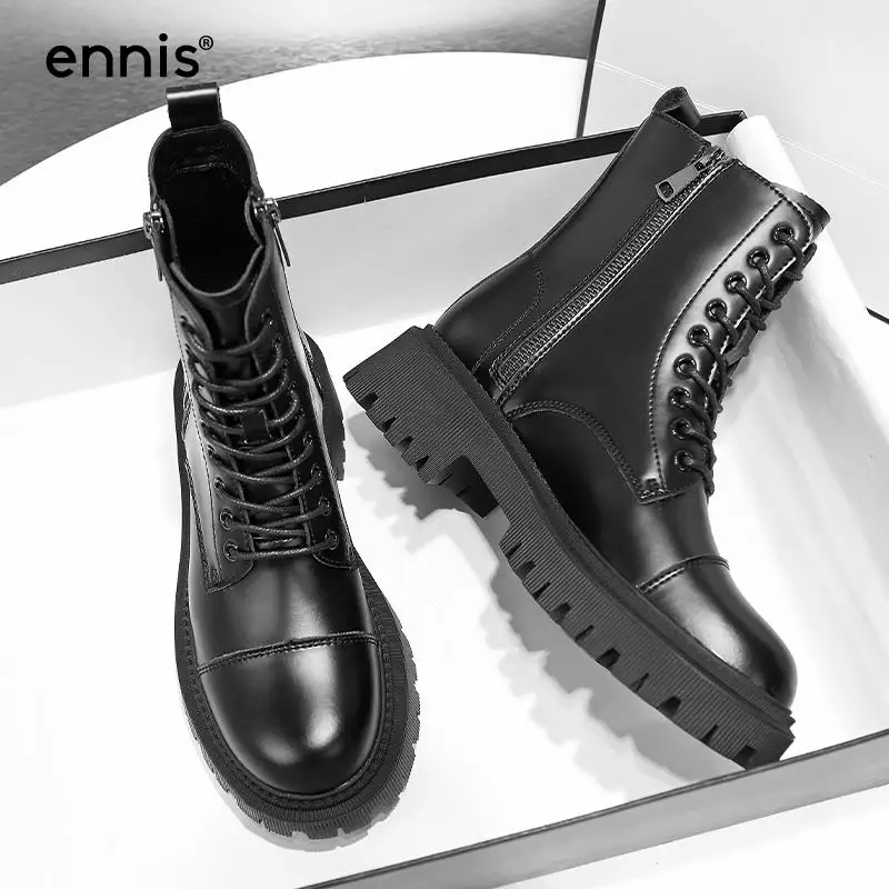 Ennis Black Martin Boots Women's Cow Leather Shoes Platform Chunky Boots Lace Up Ankle Boots