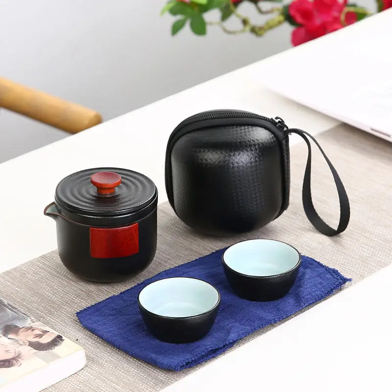 TANGPIN керамический чайник с 2 чашками для пуэр, китайский чайник кунг-фу, портативный чайный набор, посуда для напитков - Цвет: Черный