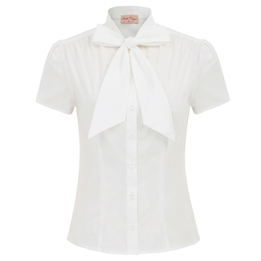 

BP Summer Short Sleeve Office Button Down Blouse Stripe Shirt With Bow Tie Solid Color Short Sleeve Bow-Knot Decorated Tops A30