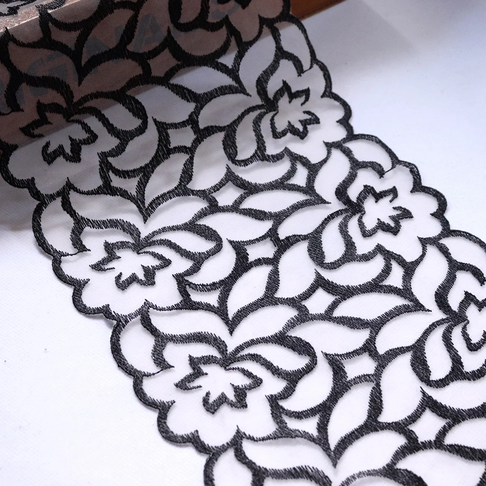 1Yard 18cm Width Double Floral Embroidered Lace Trim Tulle fabric White Black Pink Gray Mesh for lingerie Dress Decorations | Дом и сад
